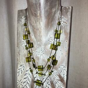Green beaded tiered necklace, triple strand, plastic faceted beads hippie boho